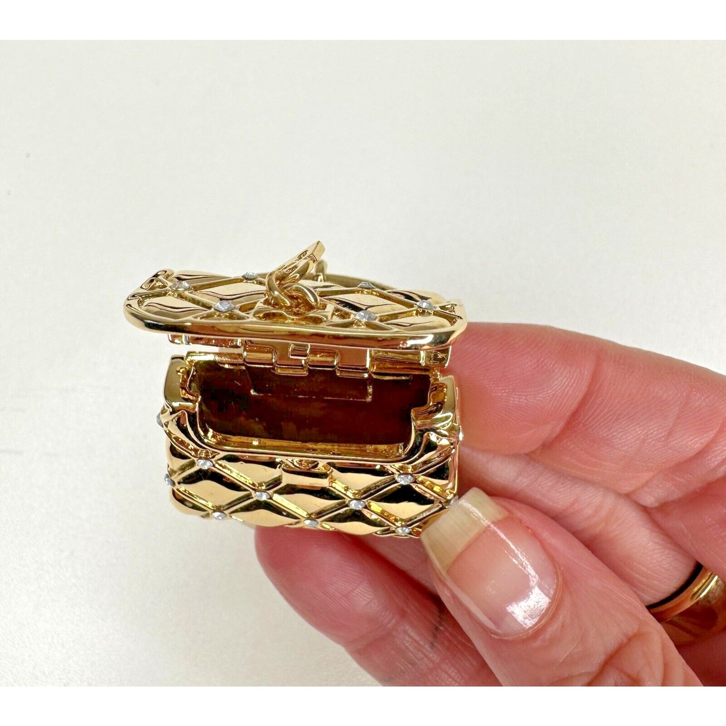 Vintage Chic St. John Gold Crystal Purse Keychain Fob Purse Opens With Pouch