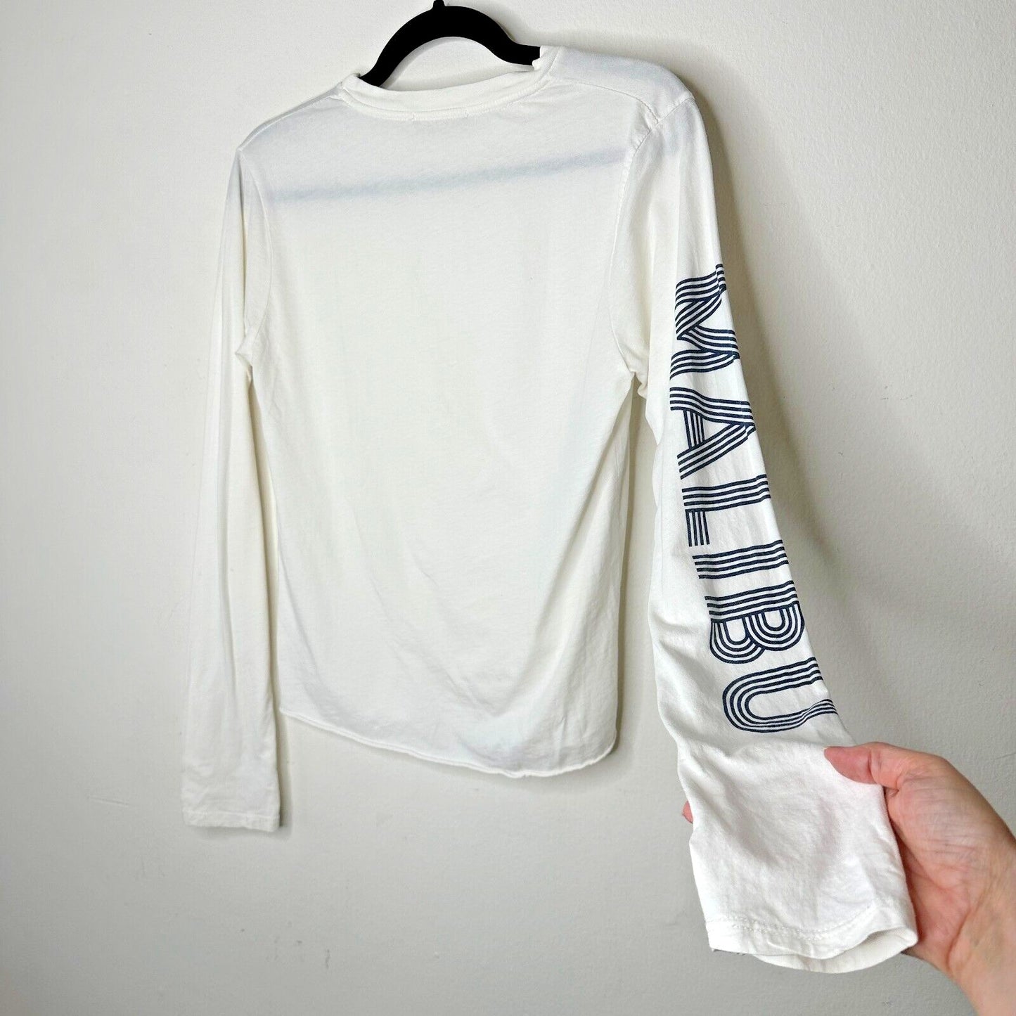 Brandy Melville White with Blue Malibu Graphic Crew Neck Long Sleeve Tee Small