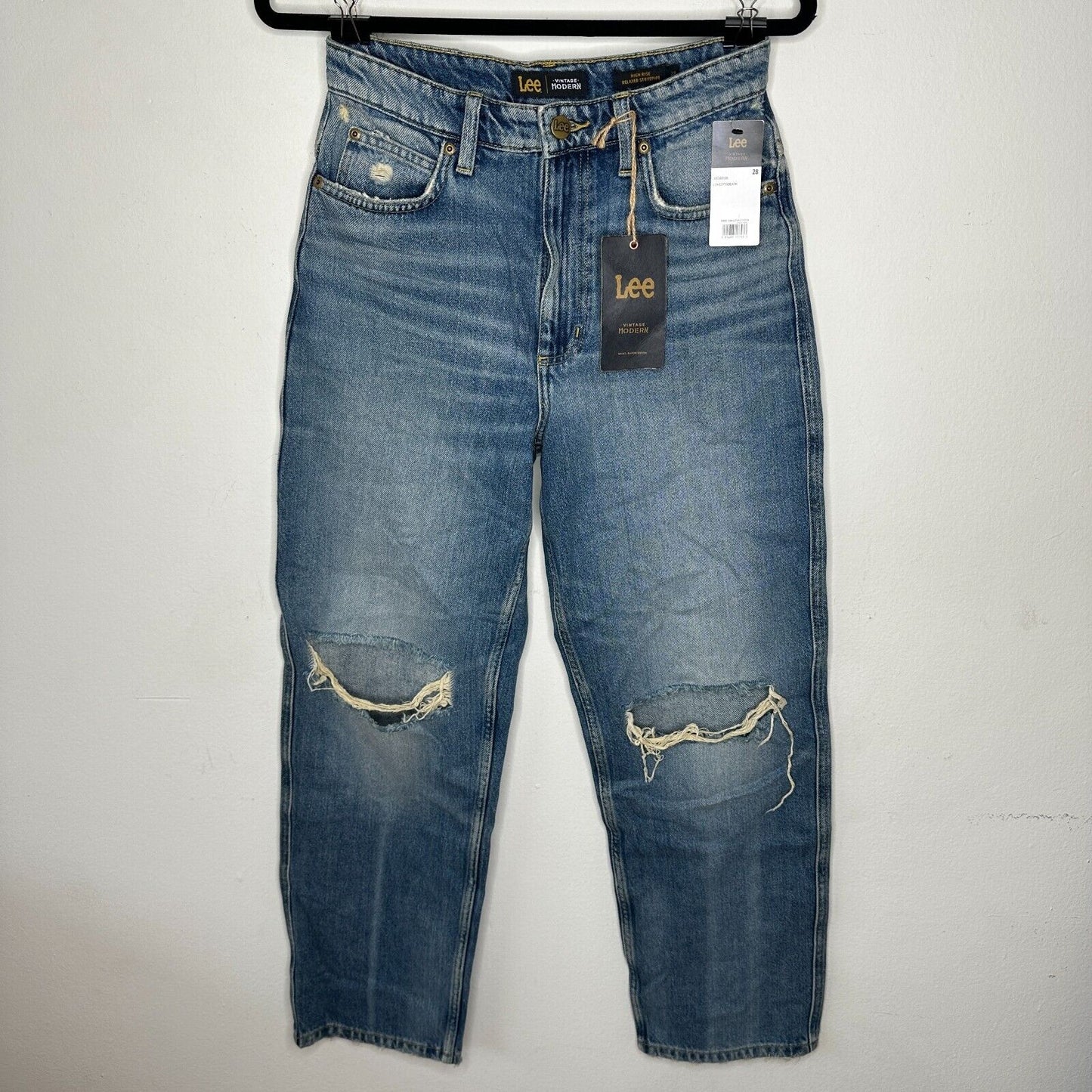 NWT Lee Vintage Medium Blue Wash High Rise Relaxed Stovepipe Distressed Jeans 28