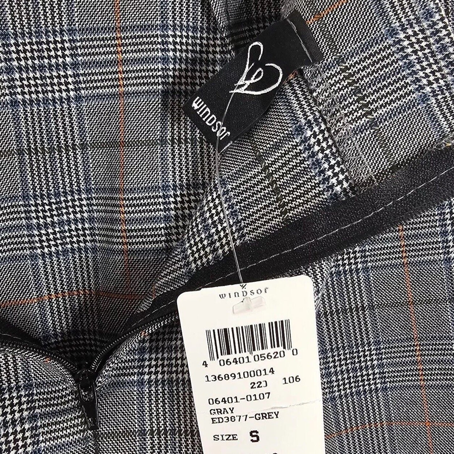 NWT Windsor Gray & Orange Plaid Print High Waist Side Slit Stretch Mini Skirt S