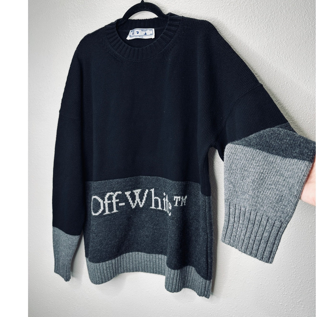 Off White Wool Black & Gray Colorblock Crew Neck Sweater Jumper XL