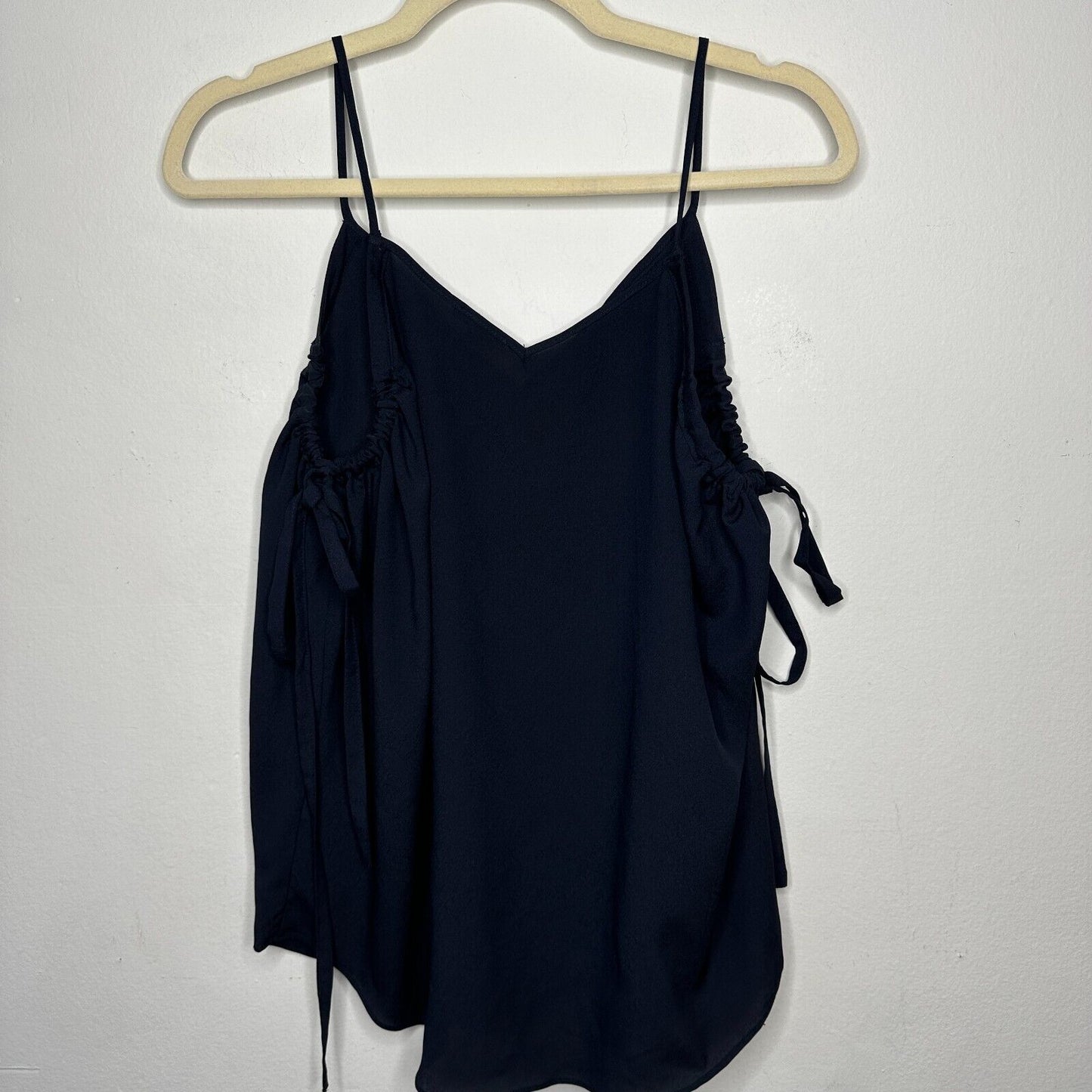 Fora Black Spaghetti Strap V-Neck Cami Ruche & Tie Under Arms Flowy Tank Top S