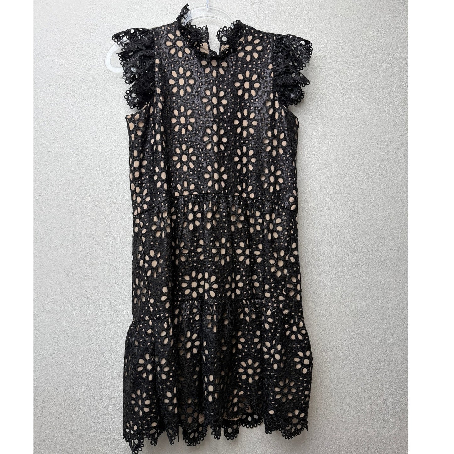 Sea New York Black Eyelet Lace Mock Neck Ruffle Dress US 0
