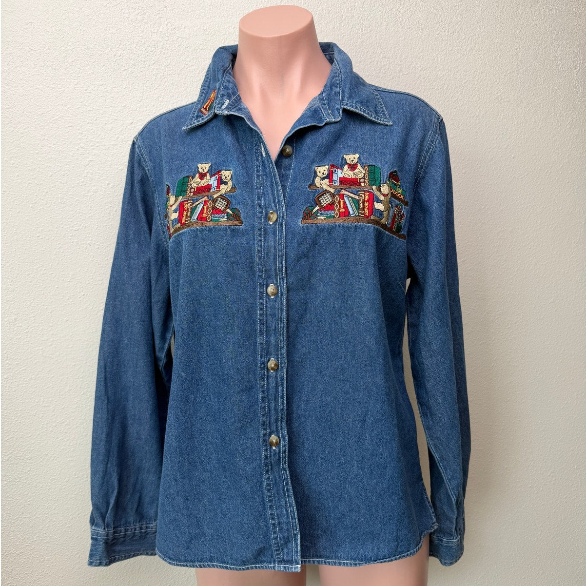 Vintage Cabin Creek Denim Shirt Embroidered Teddy Bears Books Women PL