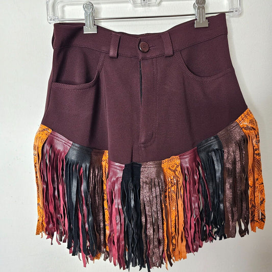 Burgundy Mini Skirt Snake Print Orange Black Shimmer Brown Leatherette Tassels M