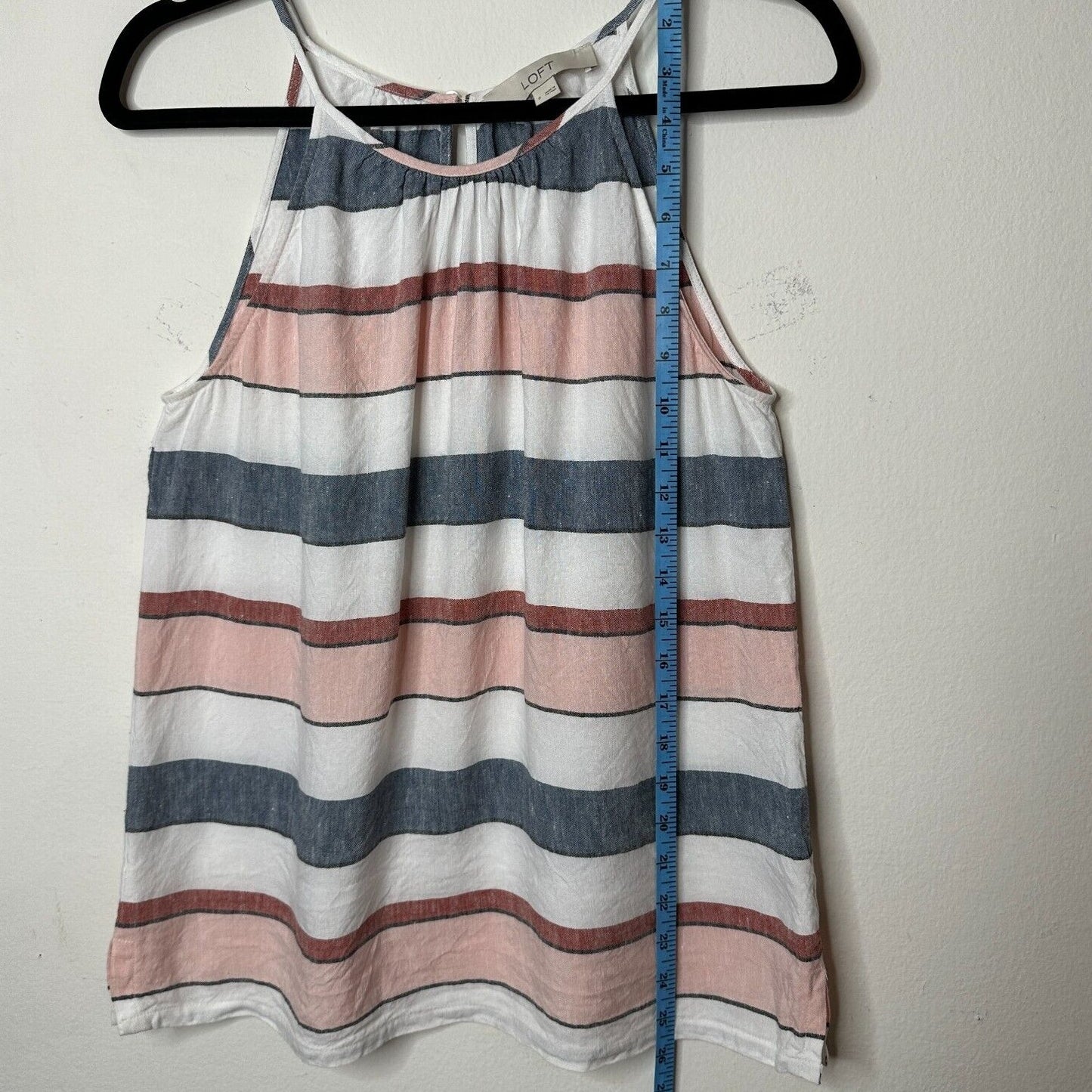 Loft Gray White Pink Stripe Linen Blend Halter Neck Sleeveless Blouse Keyhole SM