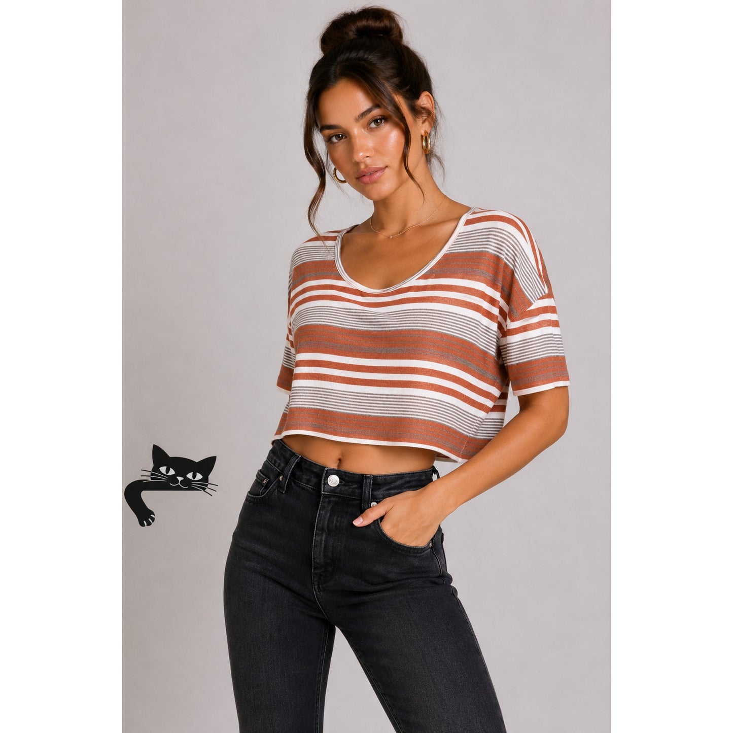 Papaya Casual White Orange Tan Striped Short Sleeve Crop Scoop Neck Tee Medium