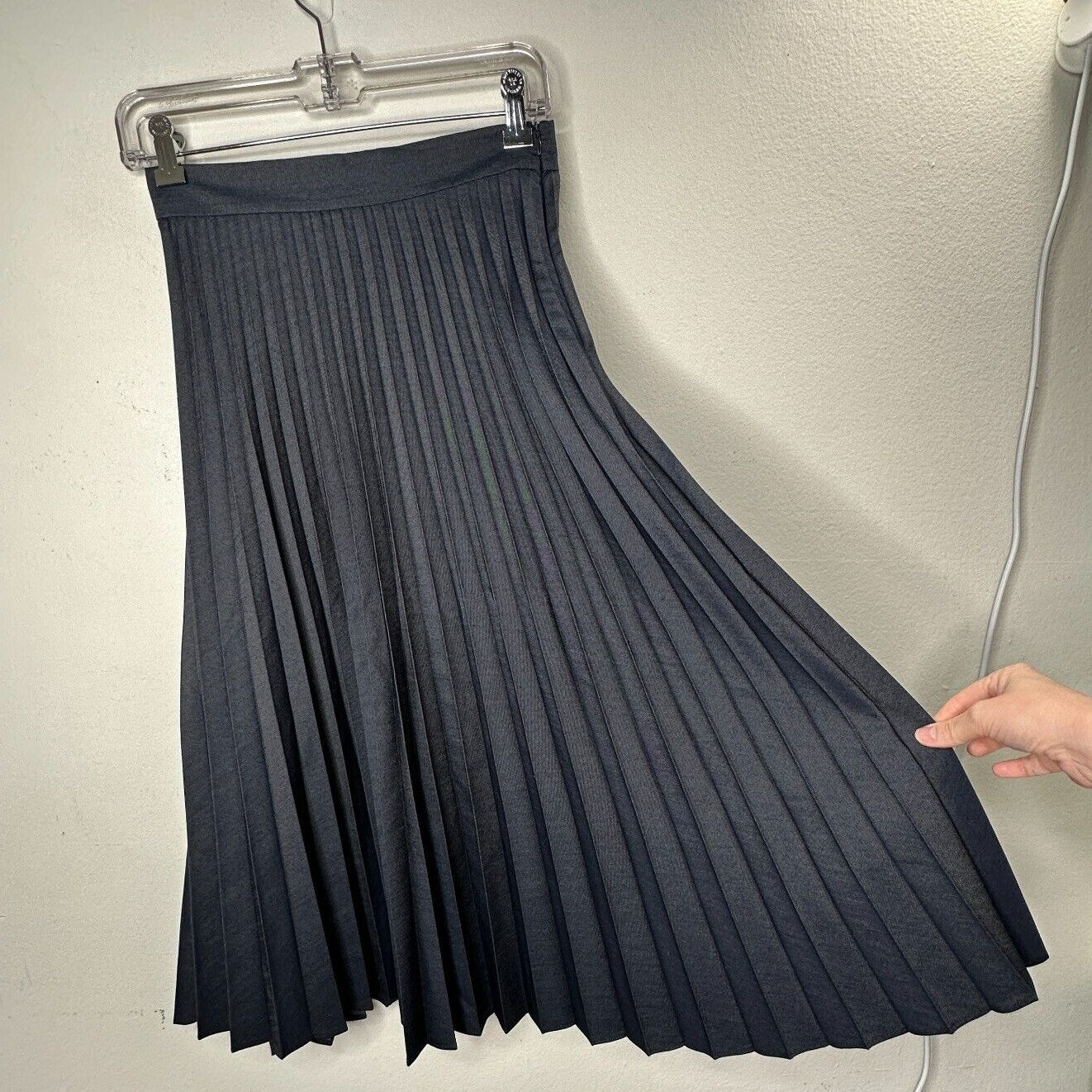 Zara Dark Blue Wash Box Pleated Denim Look Midi Skirt Waistband Side Zipper XS