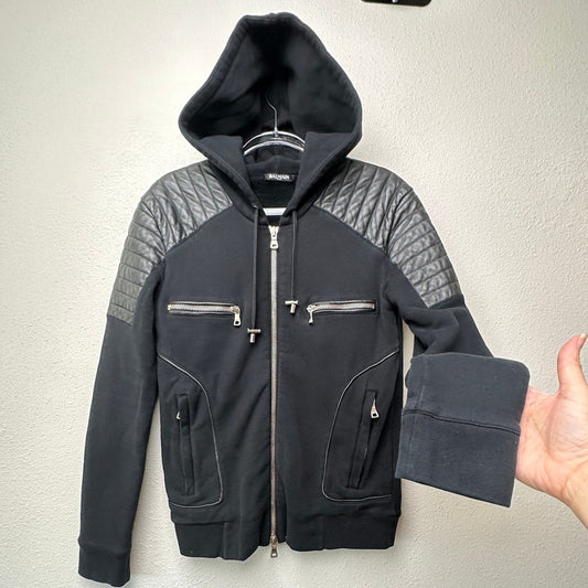 Balmain Black Moto Hoodie Leather-Shoulder Zip Sweatshirt Men M