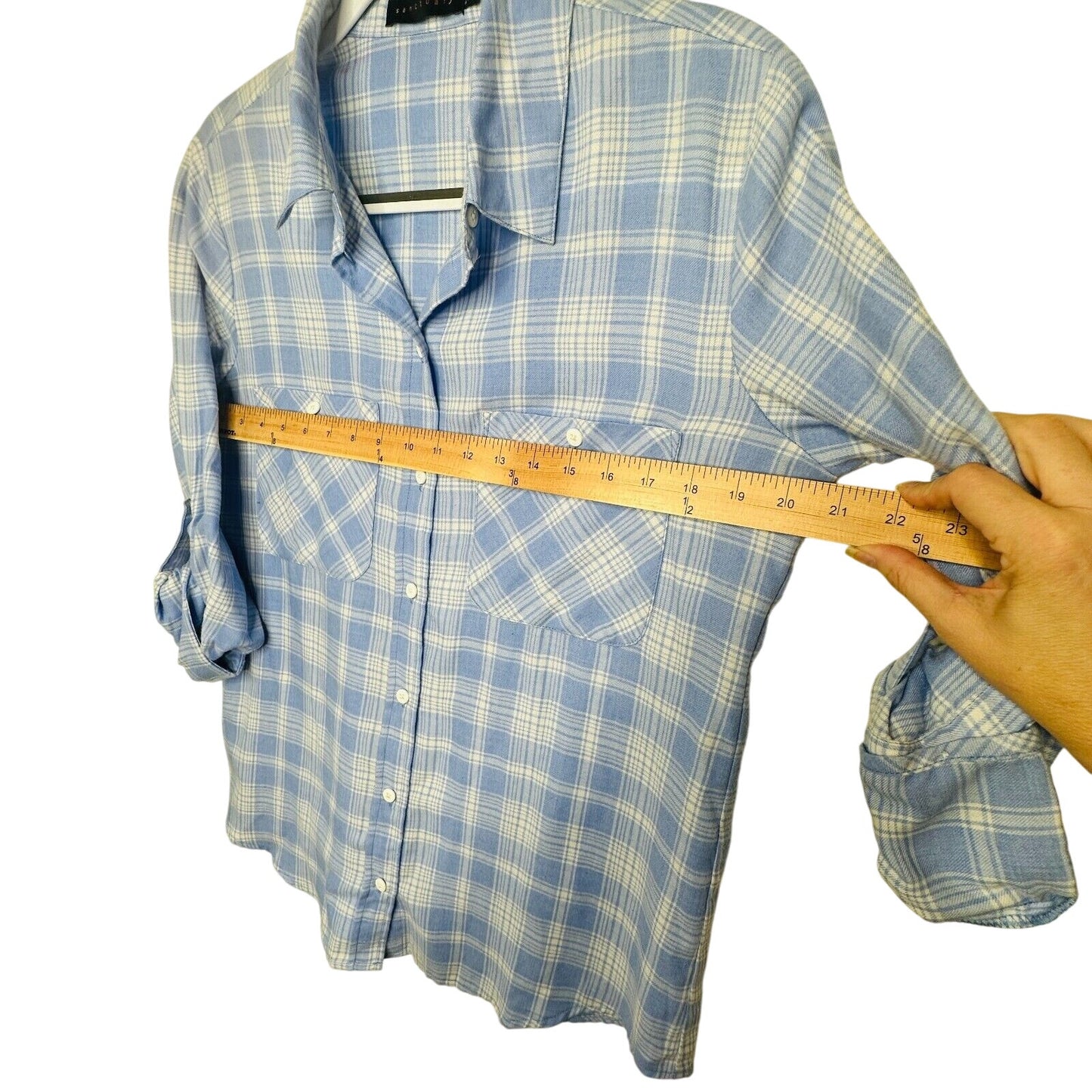Sanctuary Blue & White Plaid Boyfriend Button Up Shirt Roll Tab Sleeves S