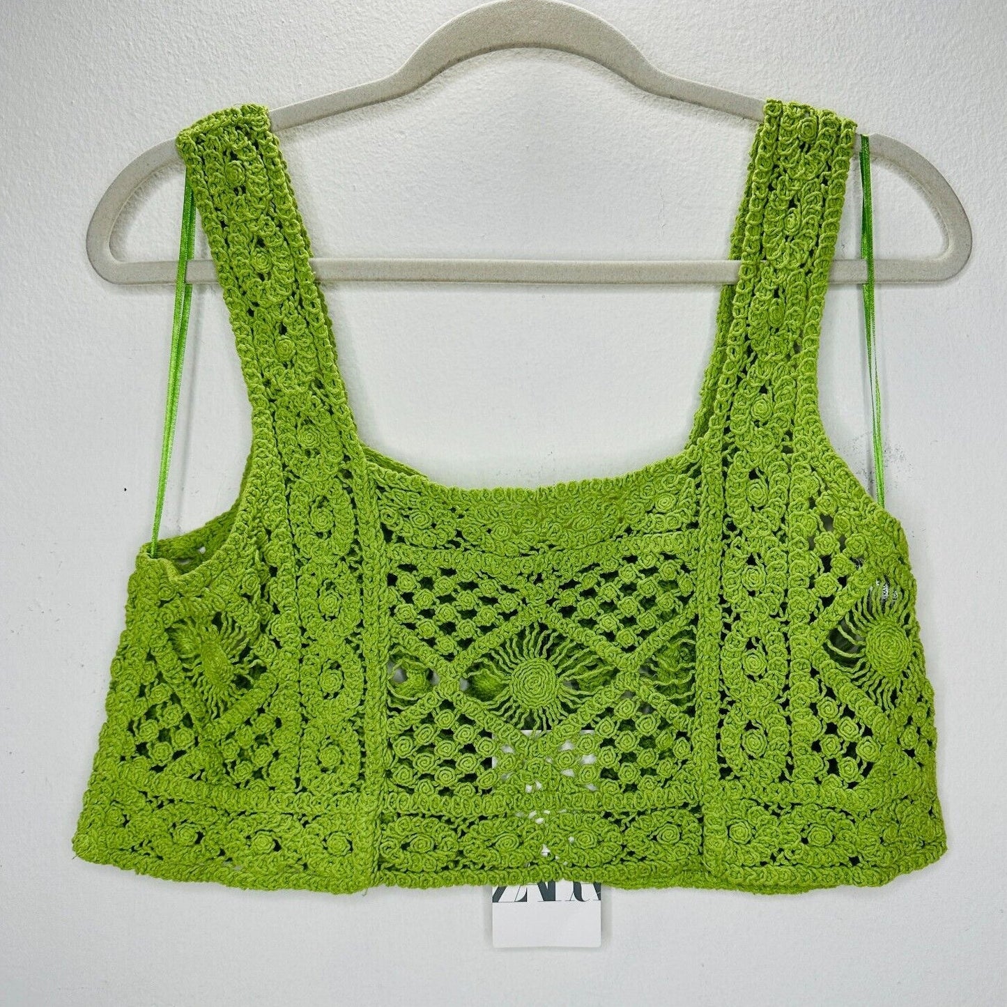 NWT Zara Cute Boho Lime Green Square Neck Boxy Crochet Crop Tank Top Small