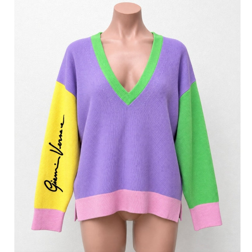 Versace Colorblock Cashmere V-Neck Sweater Purple/Green Women’s S IT38
