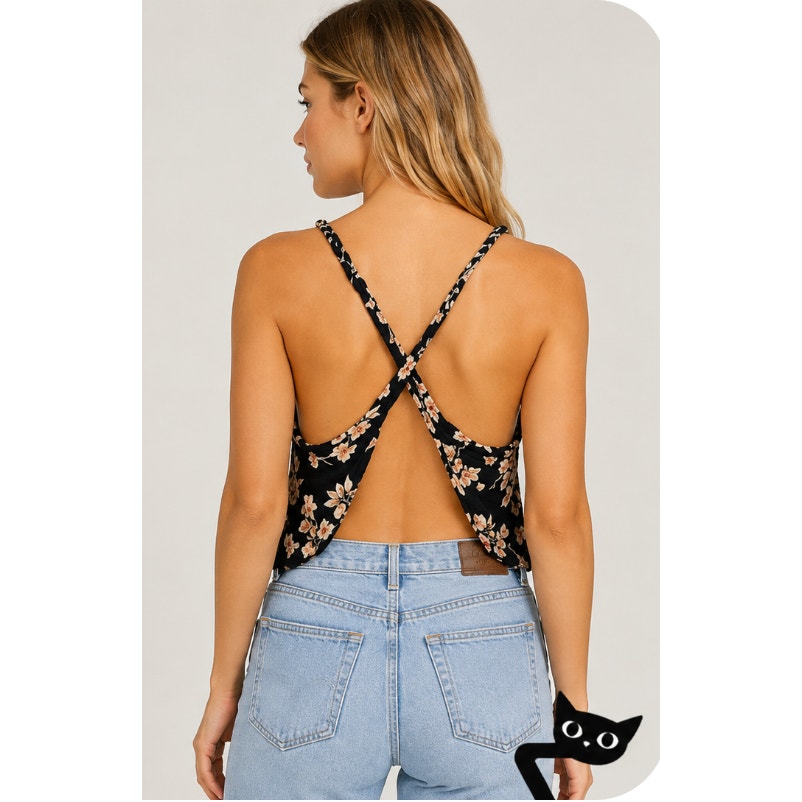 Boho Floral Braided Twist Back Tank Top XS Black Peach Cream Linen Summer Look
