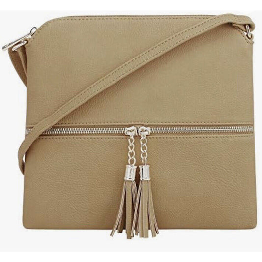 Desert Sand Tan and Gold Crossbody Bag Tassel Blue White Striped Interior Strap