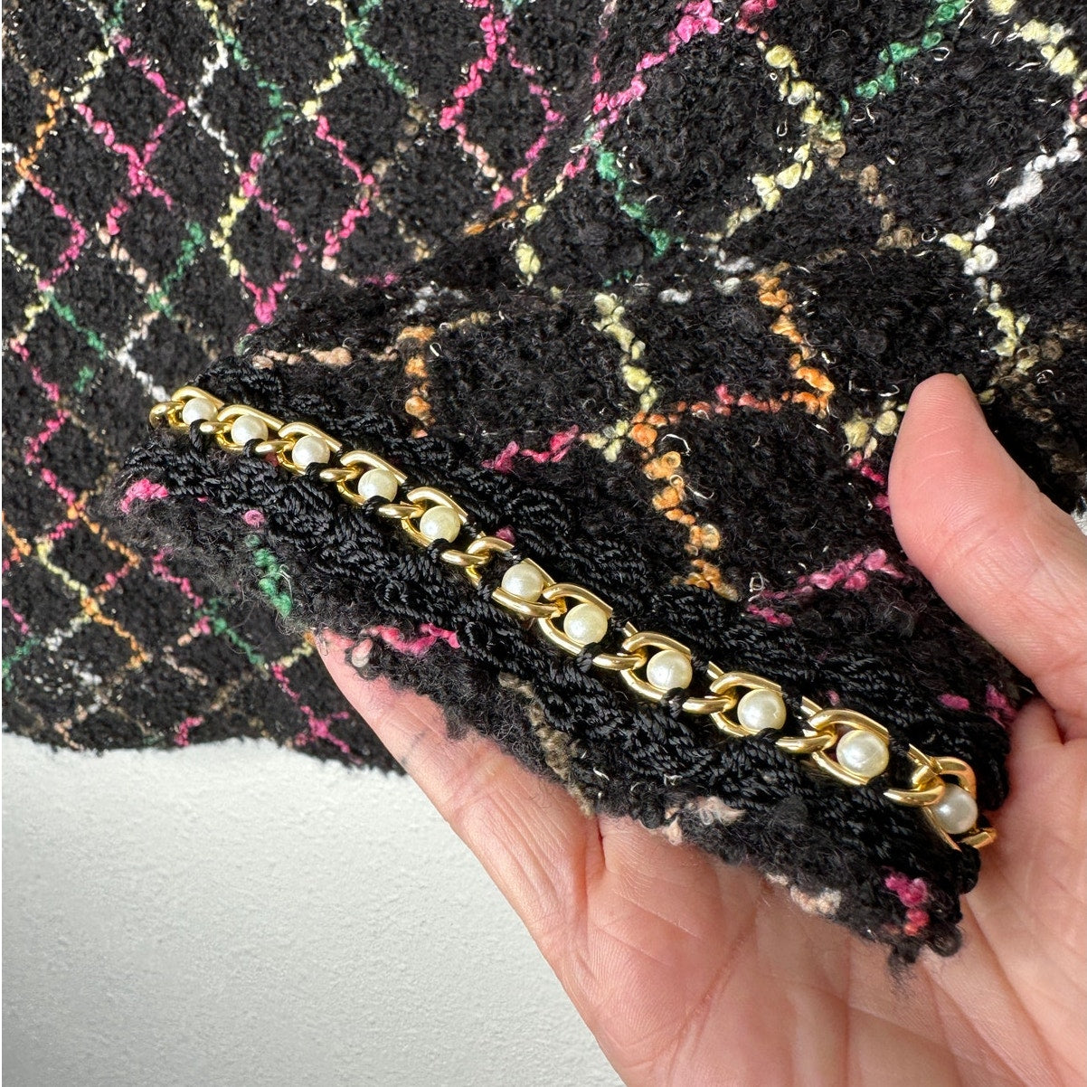 Zara Black Multicolor Boucle Knit Sweater with Pearl Detail on Sleeves Top S