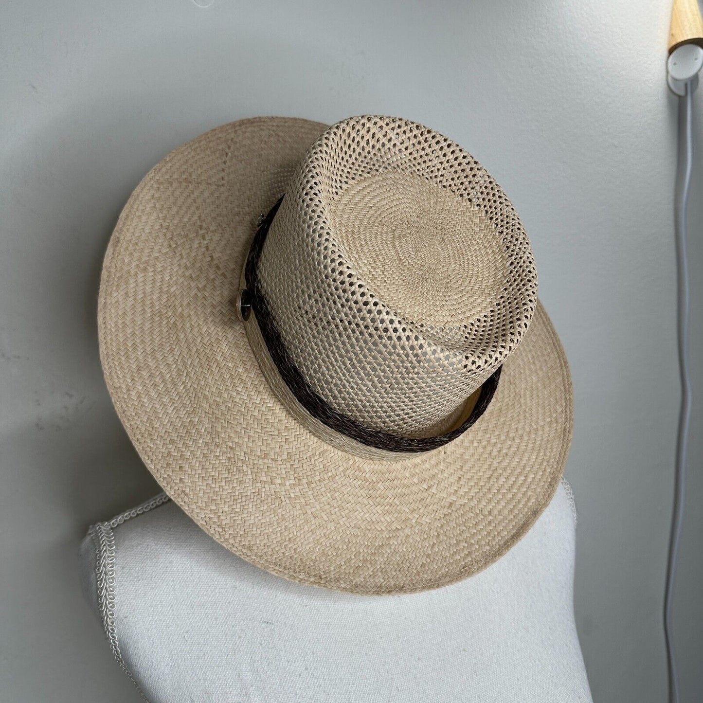 Temple Tan & Brown Basket Weave Rattan Wide Brim Hat Embellished Dark Brown Band