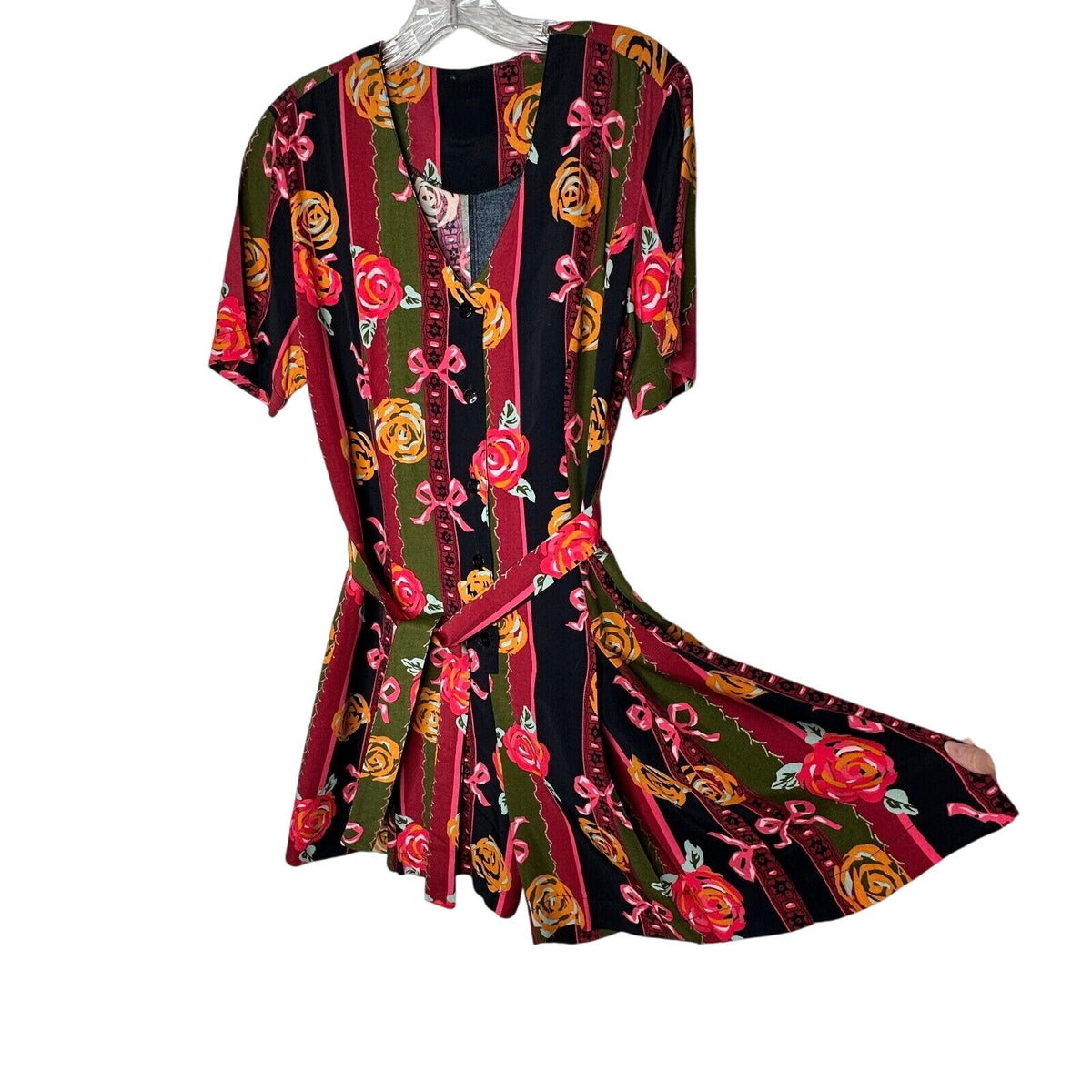 NWT RARE Vintage Dead Stock Black Green Stripe Red Rose Pink Bow Romper Medium