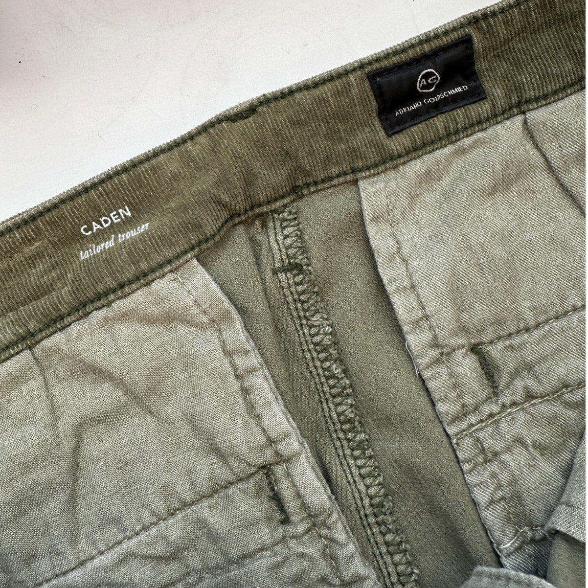 AG Adriano Goldschmied Caden Tailored Corduroy Trousers Olive Green Women’s 31R