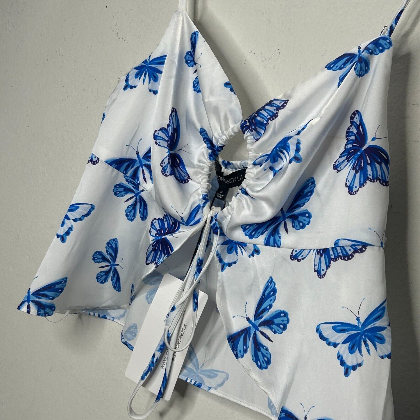 NWT Satin White & Blue Butterfly Print 2-Piece Set Crop Top & Mini Skirt