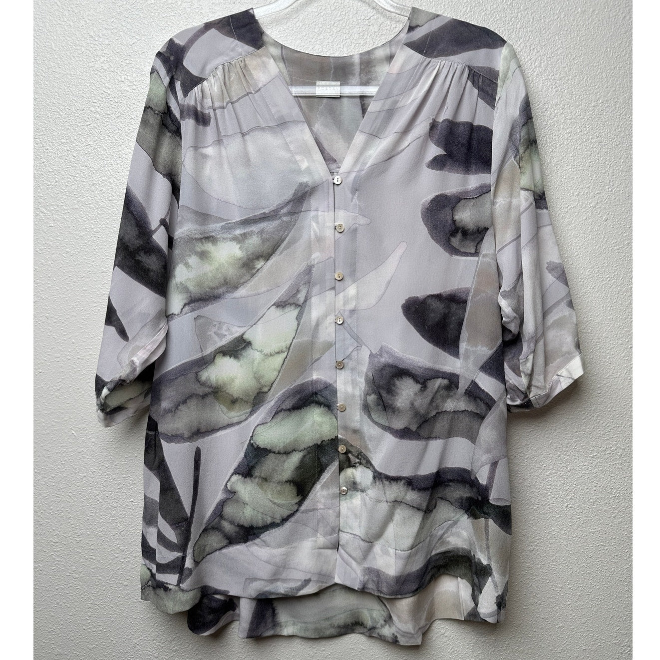 Poetry 100% Silk Blouse Gray Green Ivory Womens US 10 V Neck