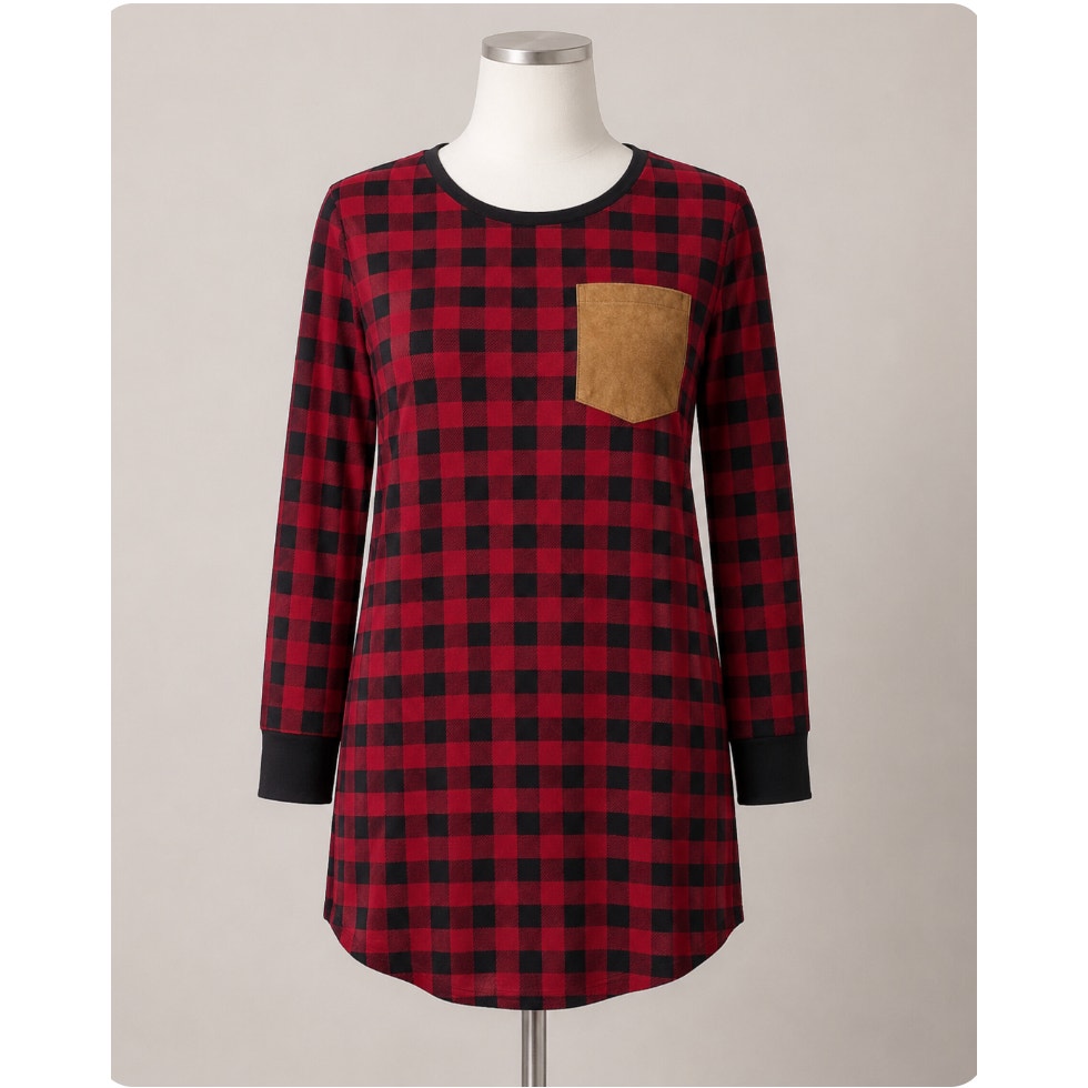 NWT Marleylilly Red & Black Buffalo Plaid Front Pocket Long Sleeve Flannel Tunic