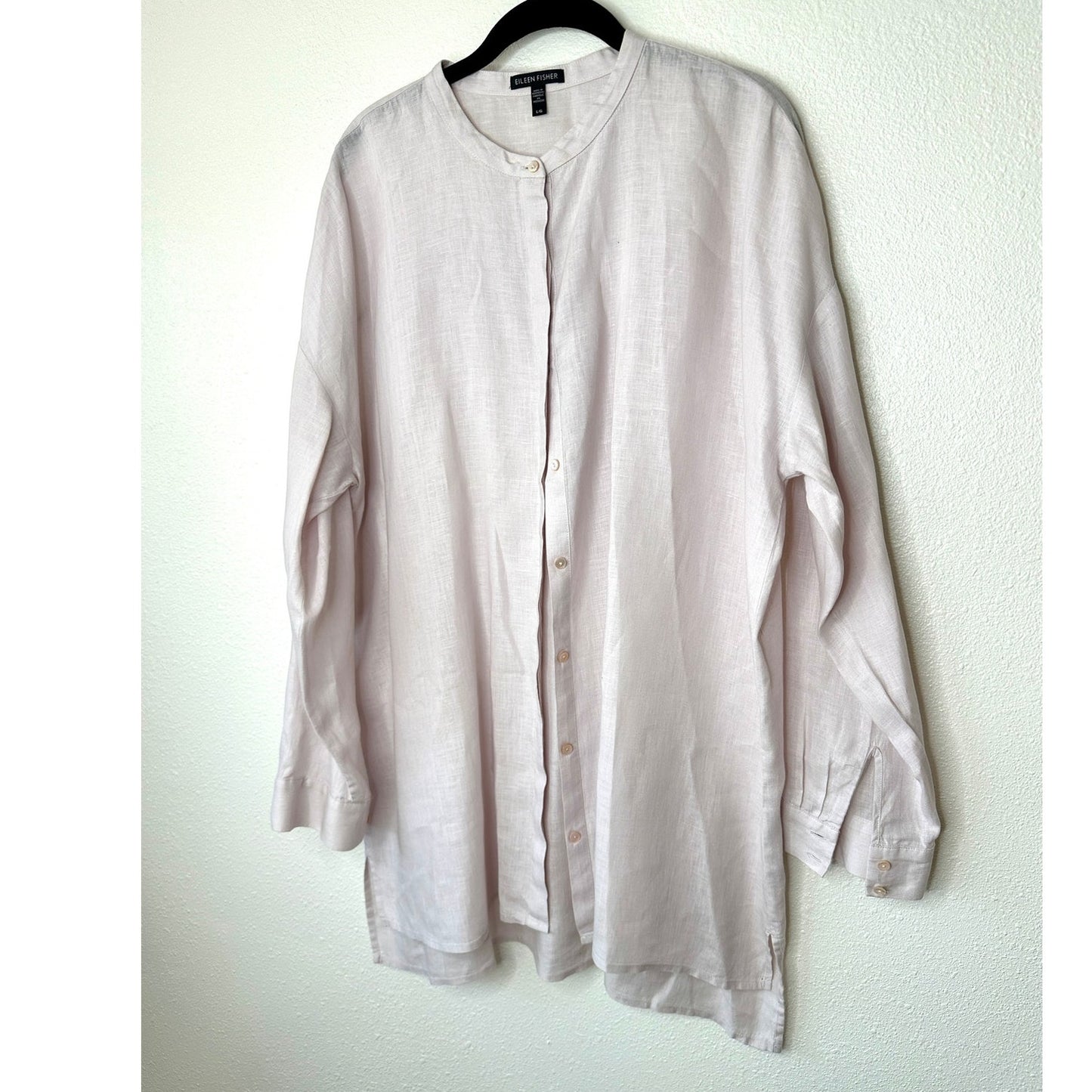 Eileen Fisher Pale Pink Organic Handkerchief Linen Mandarin Collar Shirt L