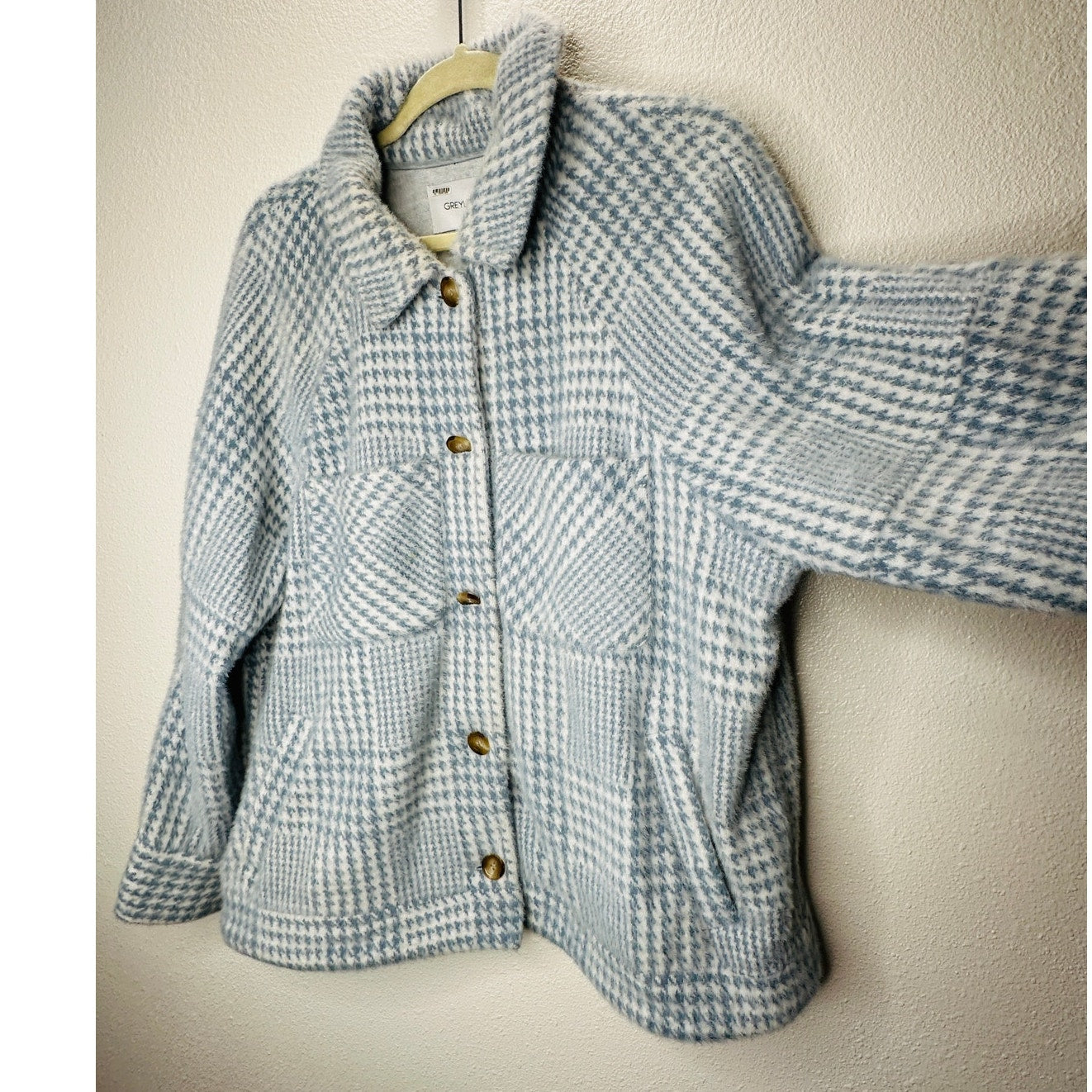 Greylin Blue & White Houndstooth Check Plaid Button Front Collared Jacket L