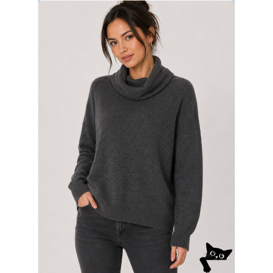 Three Dots 100% Cashmere Carbon Gray Boxy Turtle Neck Long Sleeve Sweater Small