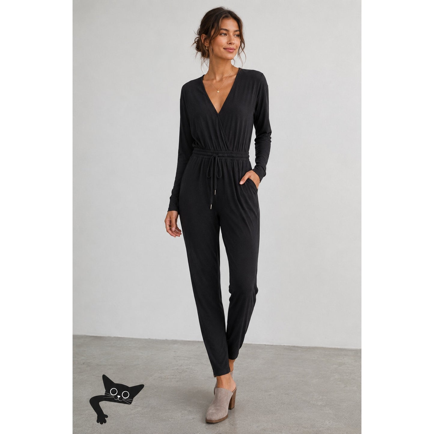 VICI Black Colette Deep-V Long Sleeve Pocketed Drawstring Jumpsuit XS