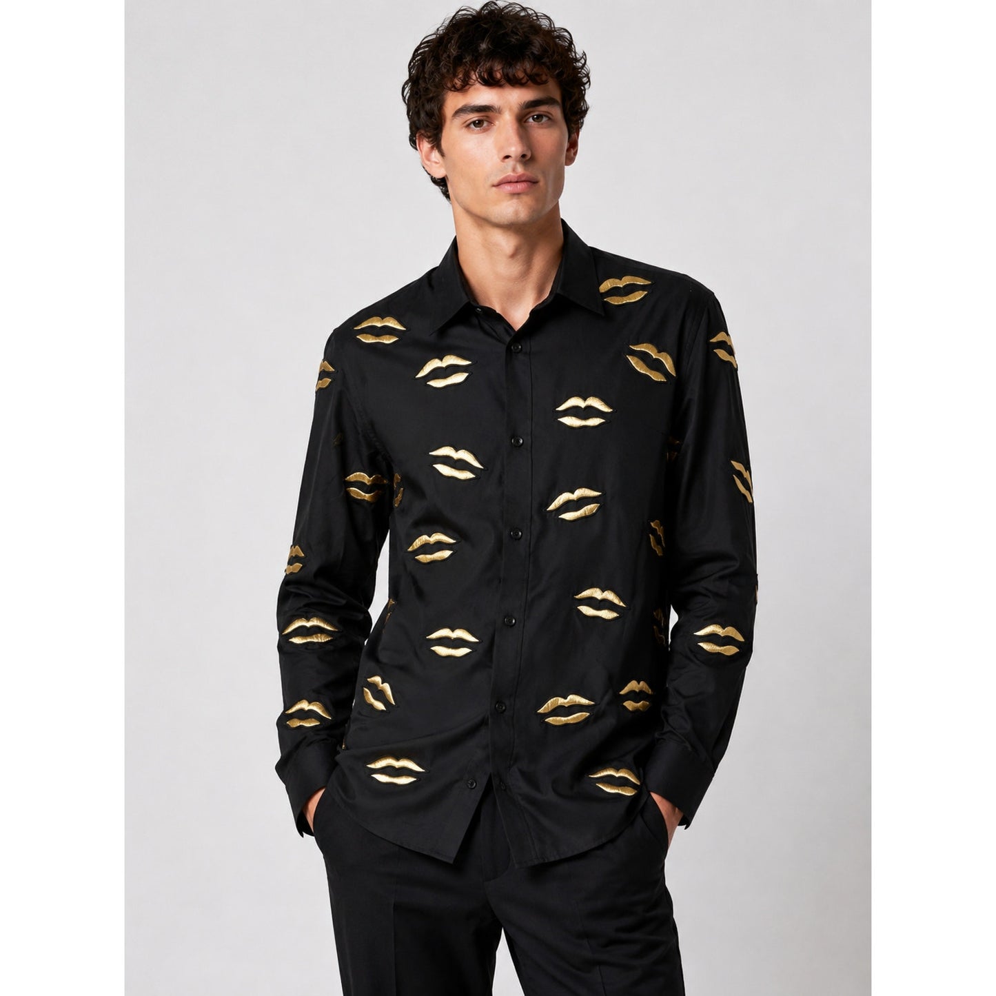 Givenchy Black with Gold Embroidery Lips Button Front Long Sleeve Shirt 38 / M