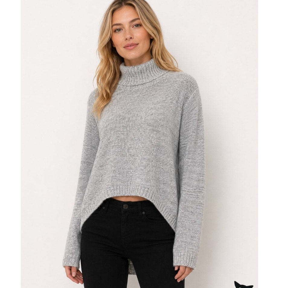 John + Jenn White & Gray Marled High-Low Long Sleeve Mock Turtle Neck Sweater SP