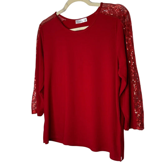 89th + Madison Deep Red Round Neck 3/4 Sequin Sleeve Pullover Blouse Petit L