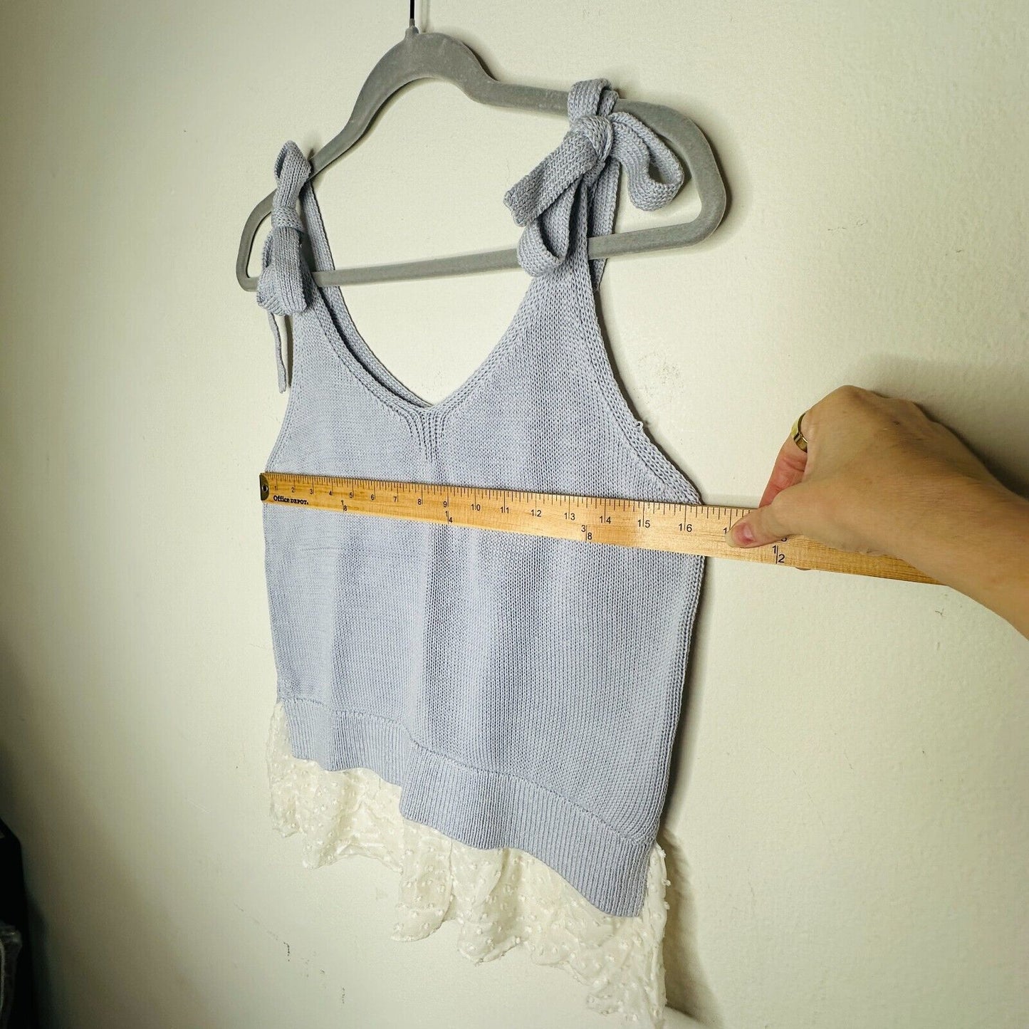 Club Monaco Purple White Knit V-Neck Tank Sheer Mesh Polka Dot Ruffle Hem Medium