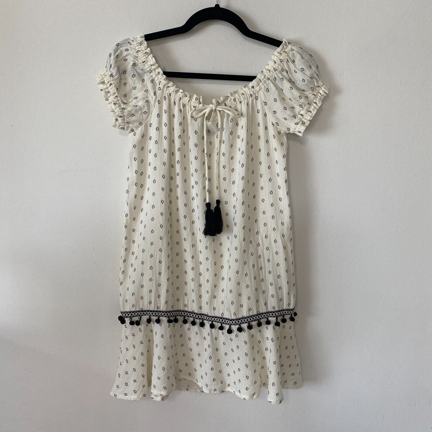 Minkpink Off-Shoulder Common Ground Cream Black Ruffle Mini Dress Pom Tassel XS