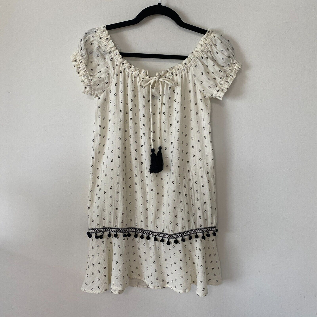 Minkpink Off-Shoulder Common Ground Cream Black Ruffle Mini Dress Pom Tassel XS