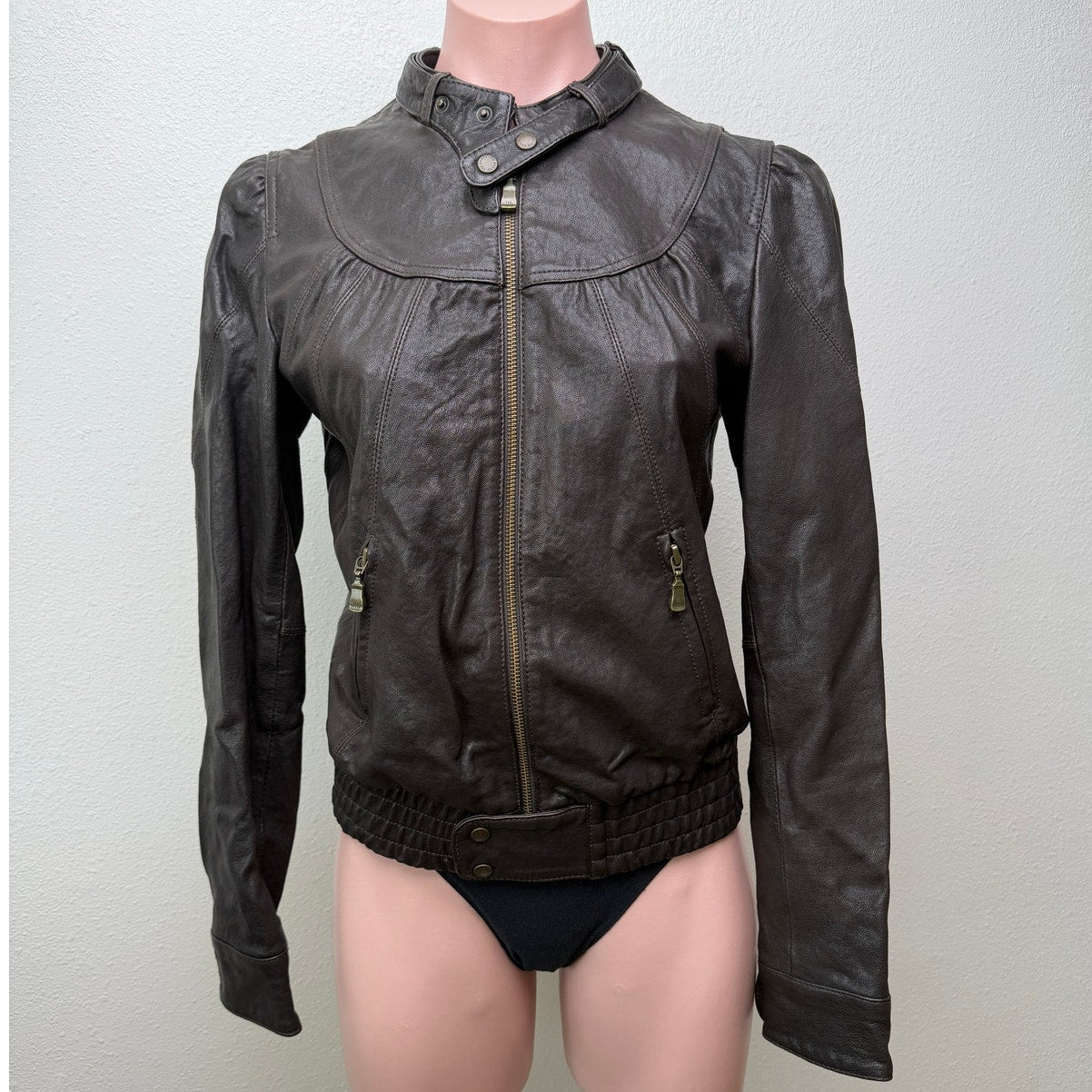 Ted Baker Brown Leather Jacket Womens US 6 Moto Gathered Zip