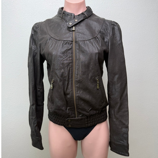 Ted Baker Brown Leather Jacket Womens US 6 Moto Gathered Zip