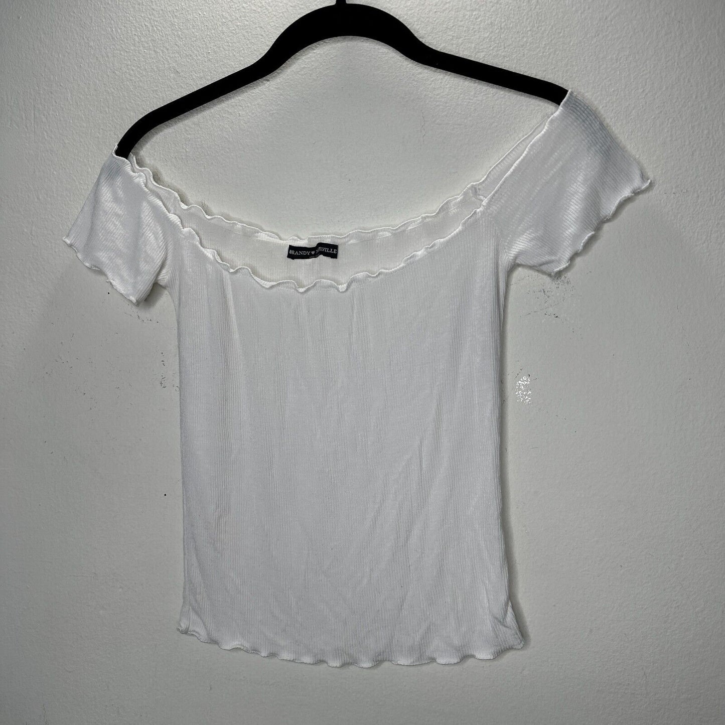 Brandy Melville White Crop Top Lettuce Trim Hem Neckline & Sleeve Rib Knit OS
