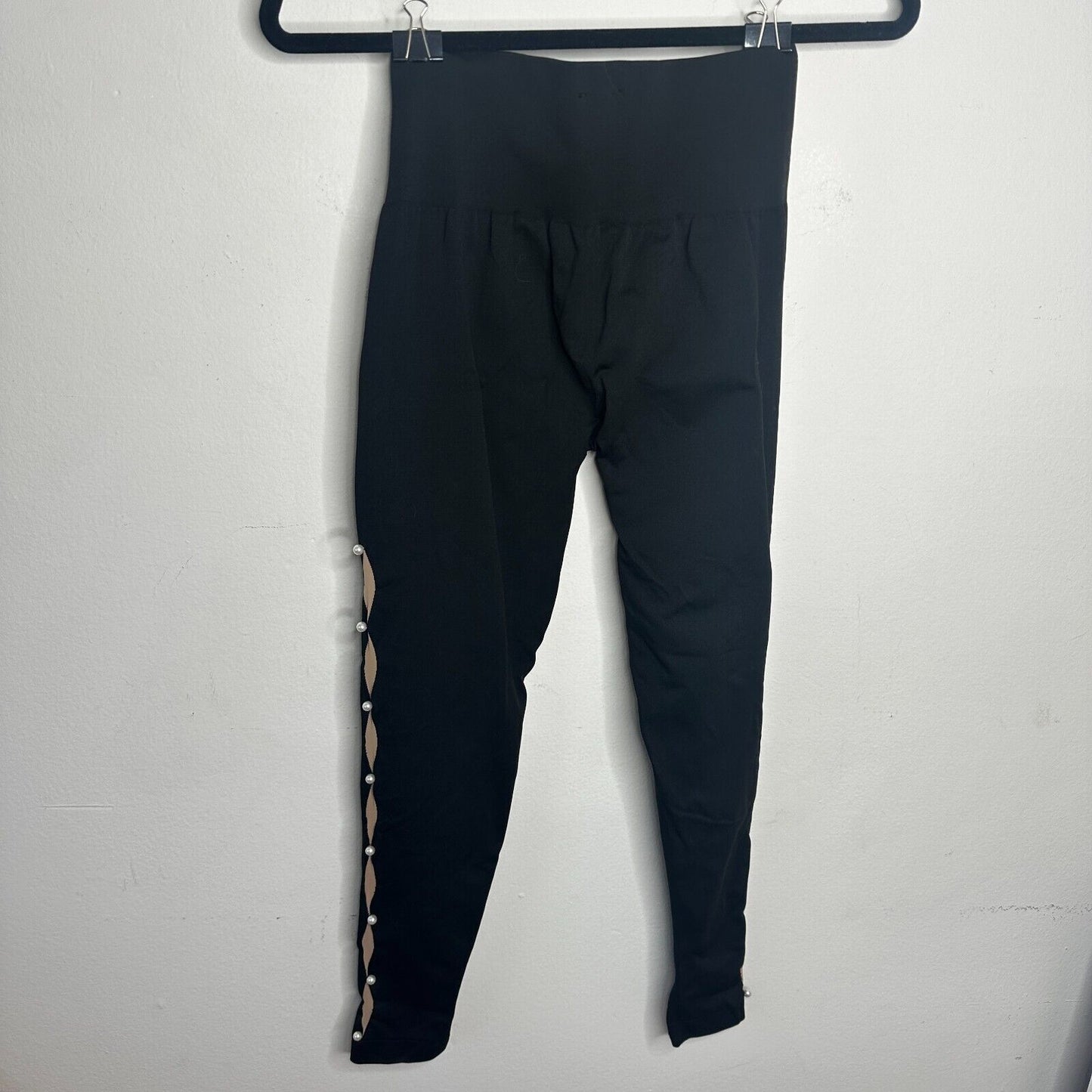 Wolford Sexy Black Linda Leggings Open Side Slit Tan & Pearl Embellishment Small