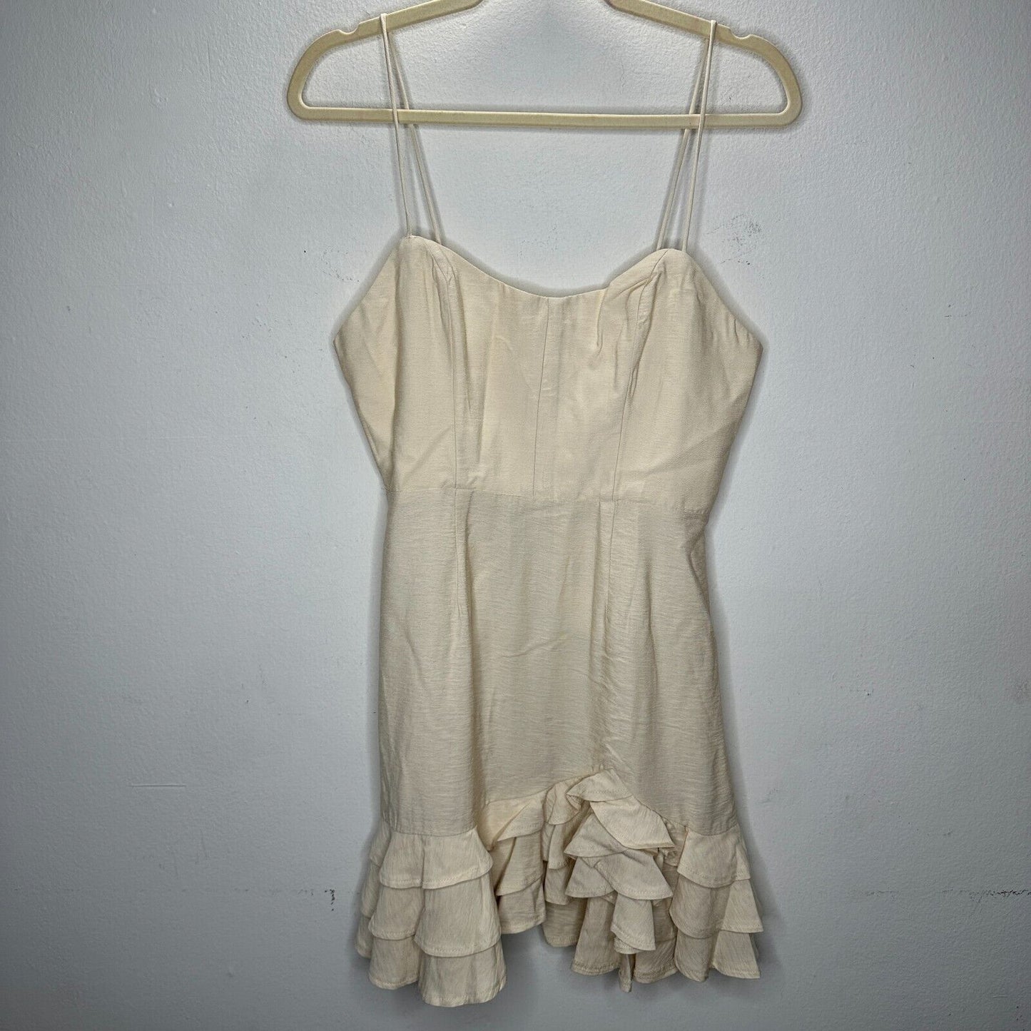 Saints + Secrets Creamy Beige Structured Bodice Tiered Ruffle & Hem Mini Dress M