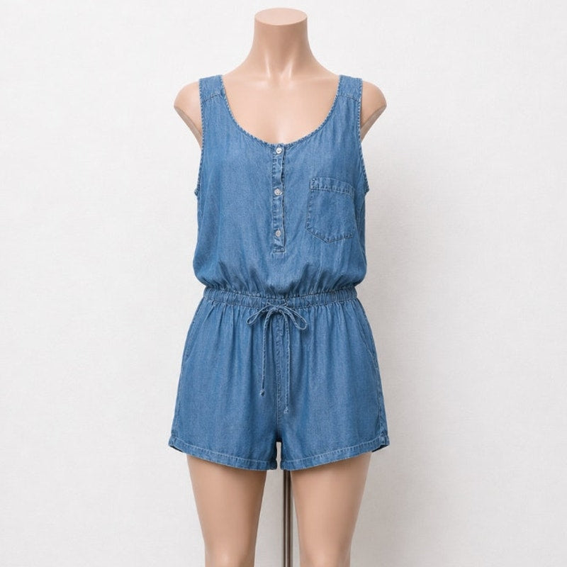 NWT W118 Vivian Scoop Neck, Sleeveless, Half Button Front drawstring waist Romper L