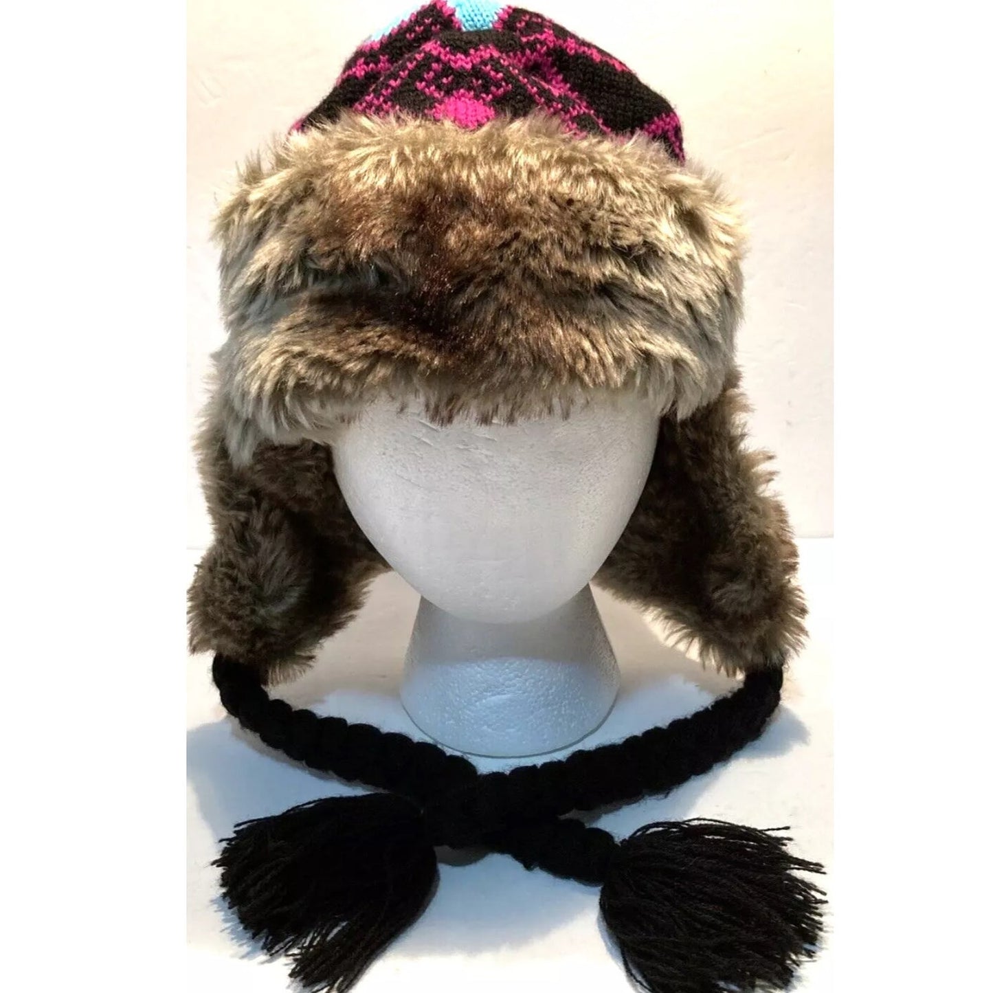 Billabong Pink Black Blue Knit with Faux Fur Trapper Hat OS