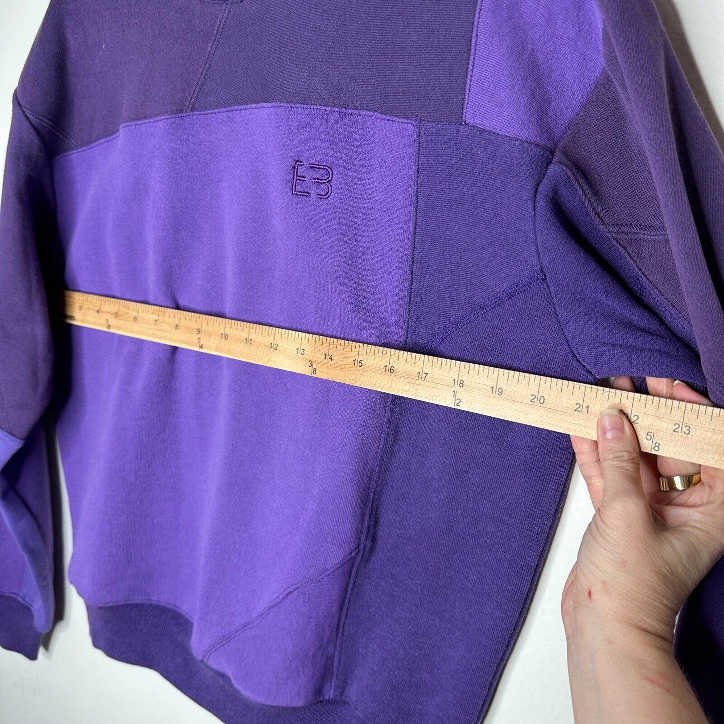 EB Denim Rich Purple Color Block Long Sleeve Crew Sweater Banded Wrist & Hem 1