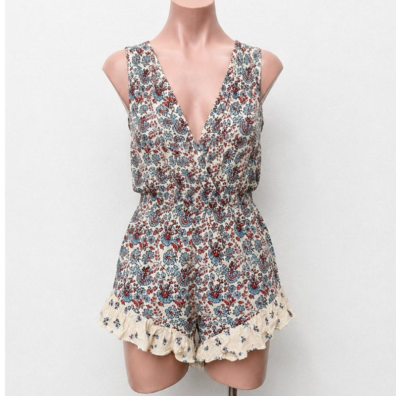 Billabong Cream Dusty Blue & Red Faux Wrap Deep-V Ruffle Hem Sleeveless Romper M