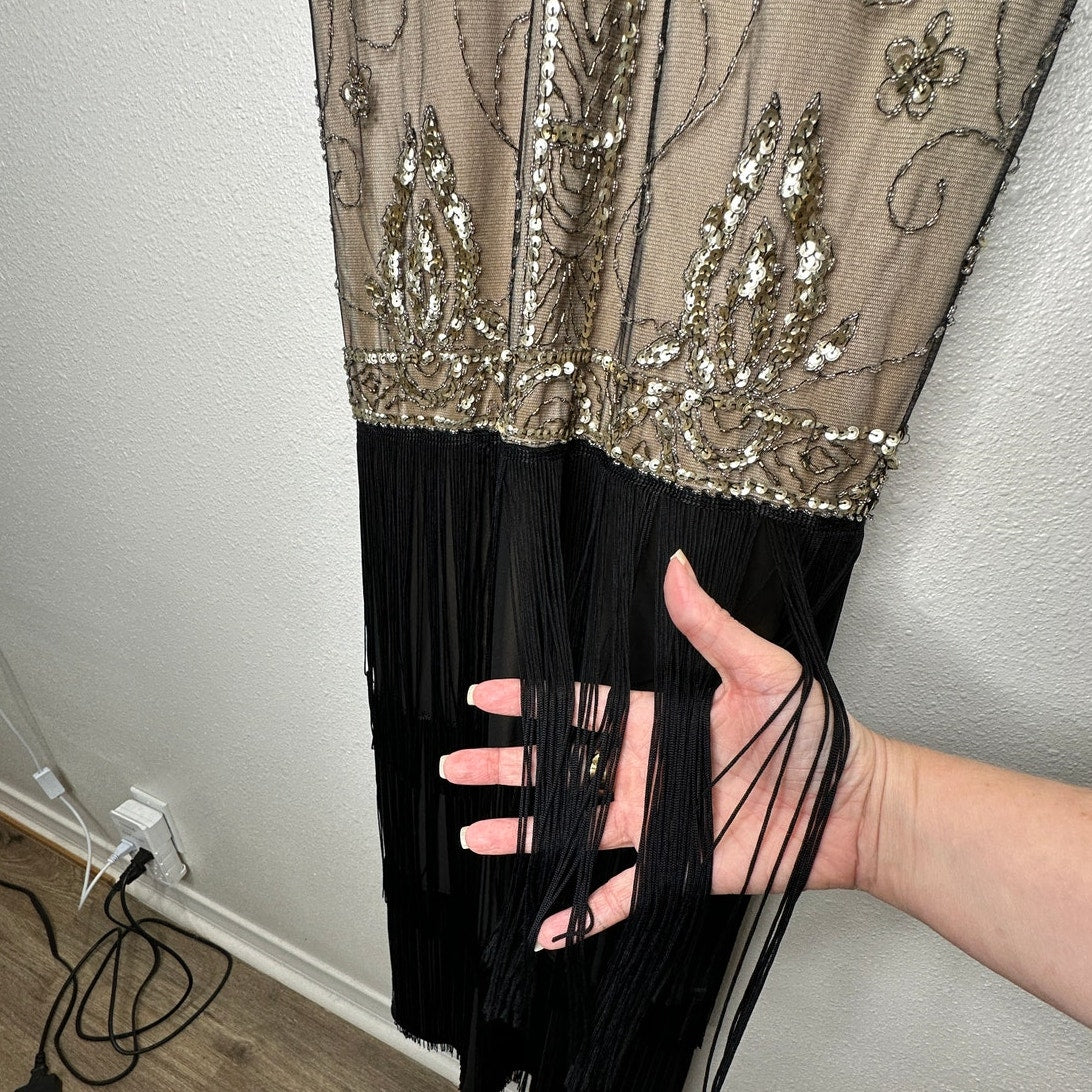 NWT Sue Wong Beaded Gold Mesh Top Black Fringe Bottom Evening Dress 8