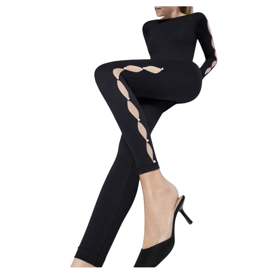 Wolford Sexy Black Linda Leggings Open Side Slit Tan & Pearl Embellishment Small