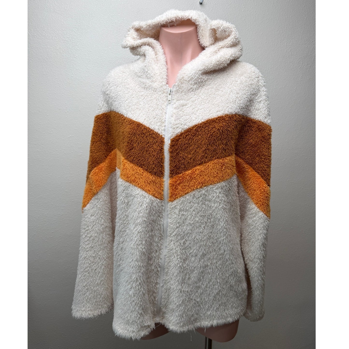 SHEIN Colorblock Sherpa Teddy Zip Hoodie Jacket Cream Brown Size M