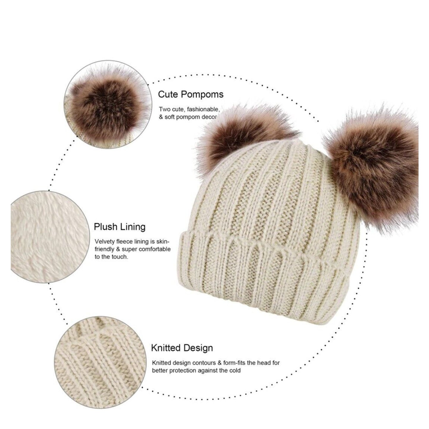 Arctic Paw Tan Cream Lined Thick Cable Knit Beanie 2 Brown Faux Fur Pom Poms OS