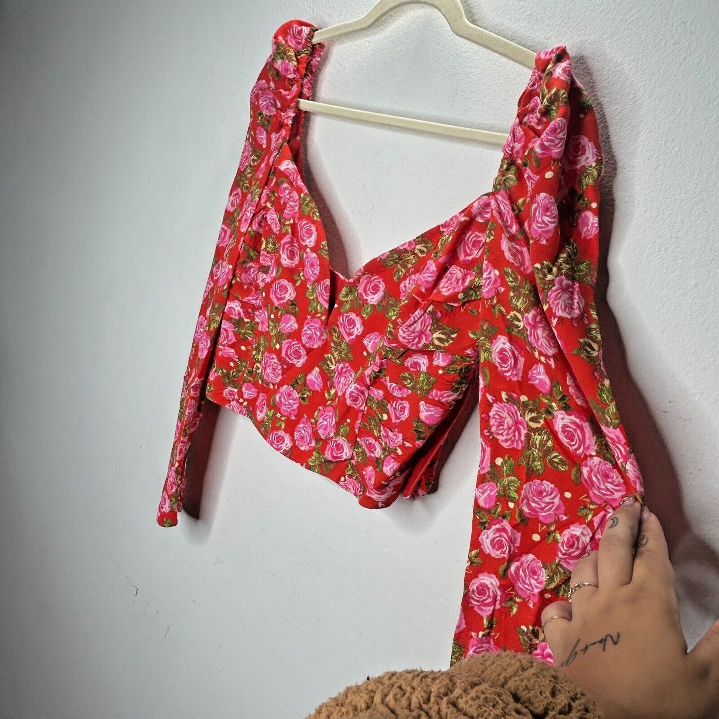 Zara Red & Pink Floral Print Long Puff Sleeve Side Zip Ruche Waist Crop Top L
