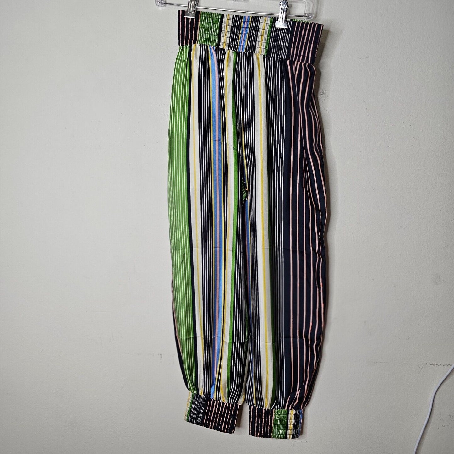 NWOT Tory Burch Green Blue White Multi Stripe Silk Harem Pants Banded Cuffs 2